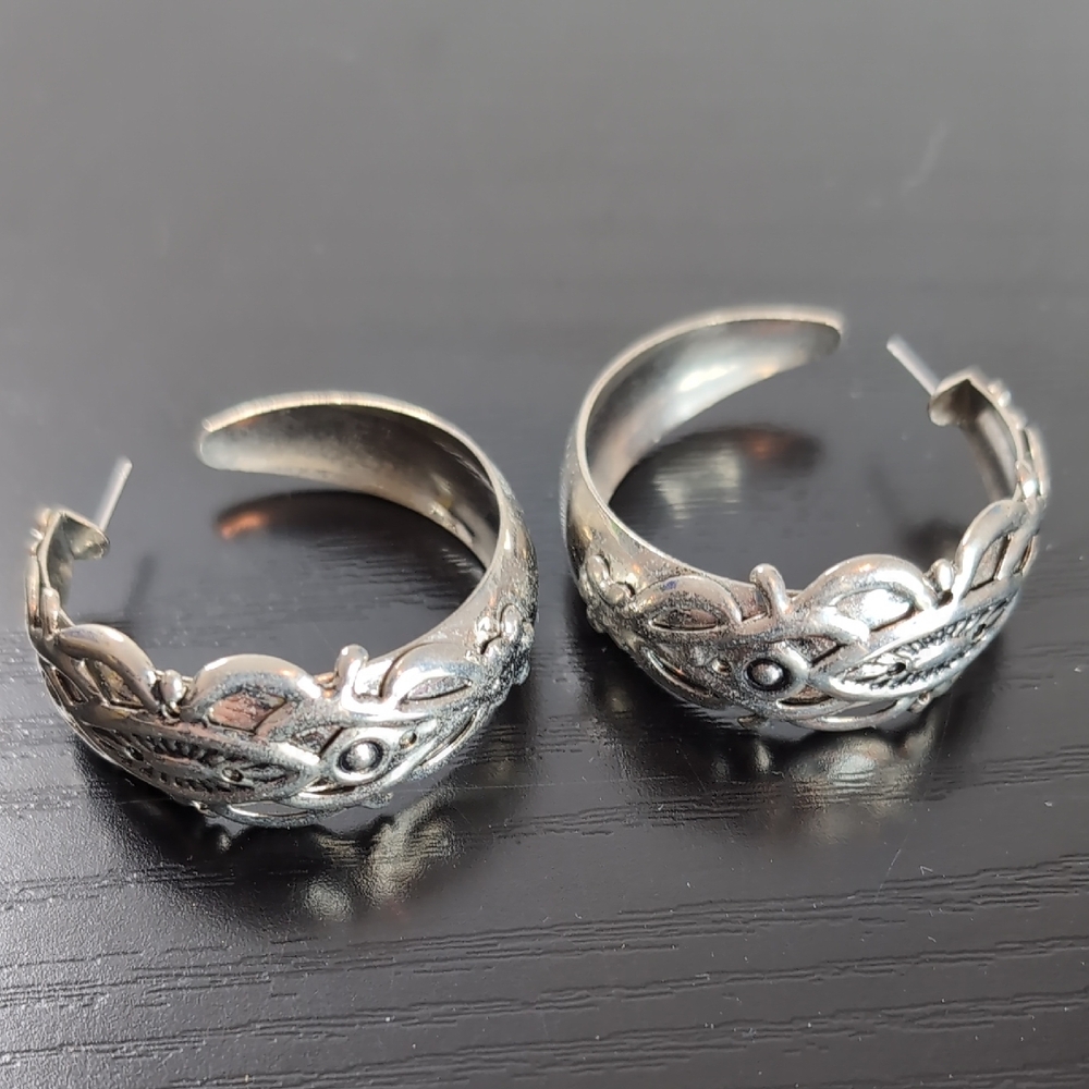 Elegant Silver Hoop Earrings Metal Ornate Vintage